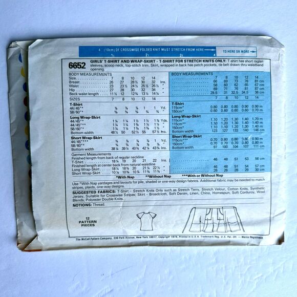 Vintage McCalls EASY SEWING PATTERN 6652 Girls TShirt & Wrap Skirt UC Sz 7 UNCUT - Picture 3 of 3